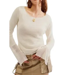 Free People Beau Ivory Mesh‎ Open Knit Long Sleeve Scoop Neck Top XS OB1647781 thumbnail 2
