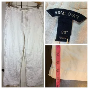 H&M‎ LOGG White Linen Blend Pants Women 33x29 Beachy Wedding Bride Resort Cruise thumbnail 2