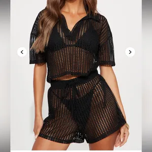 Island Breeze Crochet Fishnet Collared Cover Up Shorts Set - Black thumbnail 2