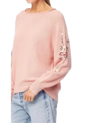 Skull Cashmere Dusty Pink Floral Skull Embroidery Neck Cutout Cashmere Sweater M thumbnail 2