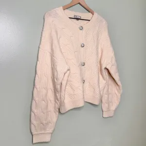 J. Crew Wool Alpaca Cable Knit Cardigan Sweater Jewel Buttons Cream Beige Medium thumbnail 5