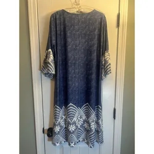 Chelsea Taylor 2X Blue Faux Denim Dress Lace Trim Ring Neck Stretch Midi Plus thumbnail 7