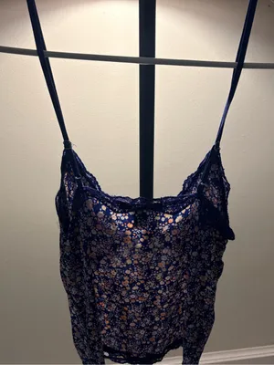 Makeup Forever Navy Floral Satin Lace-Trim Chemise thumbnail 2