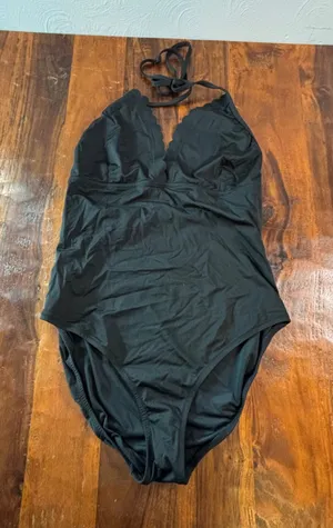 J.Crew Womens Black Scalloped Halter V-Neck One-Piece Swimsuit Large L thumbnail 1