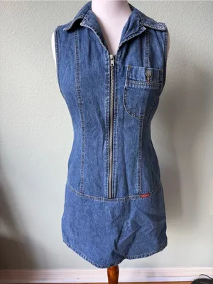 Y2K Sleeveless Blue Denim Zip-Front Women's Dress Size Medium thumbnail 2