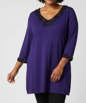 NWT‎ Quacker Factory Purple Beaded Sequins Long Sleeve Knit Top Size 2X thumbnail 1