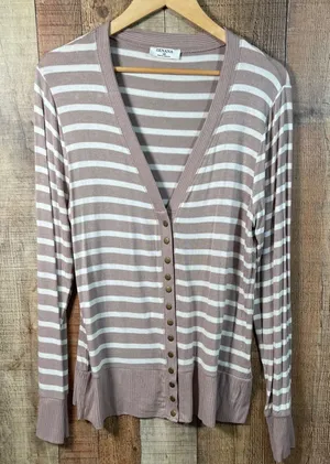 Zenana 1X Taupe Ivory Striped Snap Button Cardigan Soft Stretch Knit Ribbed Trim thumbnail 1