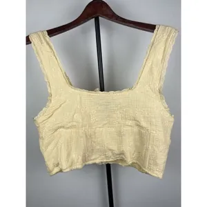 Forever 21 Soft Yellow Gauze Peasant Corset Floral Crop Tank Blouse Size L‎ thumbnail 7