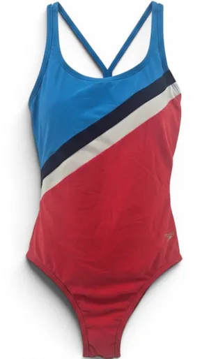 Speedo One Piece Swimsuit Womens 26 Red Blue Colorblock Flyback Strappy Training thumbnail 1