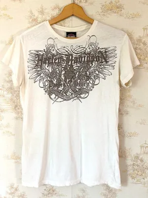 Y2K Harley-Davidson Cream White Studded Wing Embellished Biker Motorcycle Tee L thumbnail 2