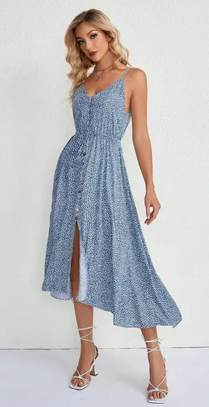 Light Blue Floral Flowy Midi Sundress Size L thumbnail 1