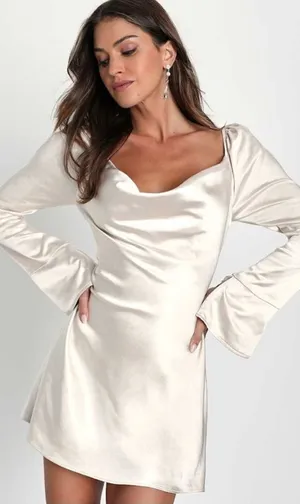 Lulus Sensational Fate Champagne Satin Cowl Neck Mini Dress size small sexy club thumbnail 1