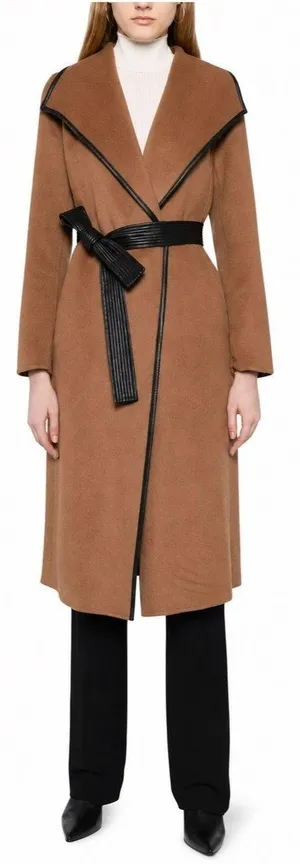 Tahari Wool Blend Faux Leather Trim Belted Coat Caramel Size Medium thumbnail 2