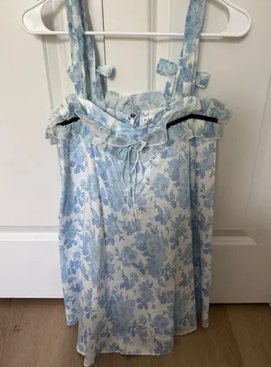 For Love and Lemons Floral Blue and White Ruffle Dress thumbnail 1