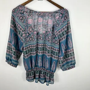 American Eagle Top M Blue‎ Pink Boho Paisley Peasant Blouse Ruffle Hem Festival thumbnail 7