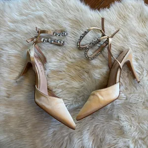 Lulu's Embellished Ankle Strap Champagne Satin Pointed Toe Heels thumbnail 1