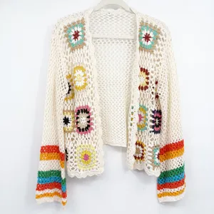 Womens Boho Granny Square Rainbow Crochet Festival Open Knit Cardigan Size S‎ thumbnail 2