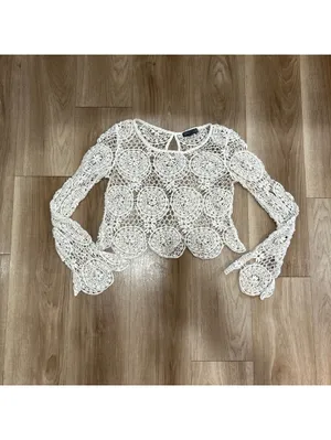 Kendall & Kylie Y2K Ivory Crochet Knit Floral Boho Top Size S Beach Coastal thumbnail 2