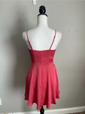 EXPRESS Rose Red Satin Faux Wrap Mini Flare Dress Sz XS thumbnail 6
