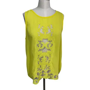YA Los‎ Angeles L Yellow Tank Top Women's Silk Blend Embroidered Mesh Panel thumbnail 2