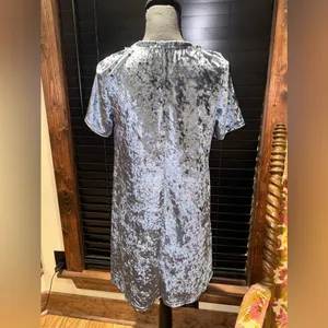 POL Velvet Mini Dress Size S Gray Ice Blue Crushed Velvet Shifter Short Sleeve thumbnail 6