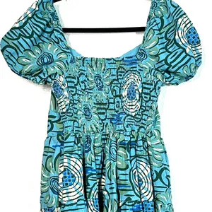 mini dress S House of Harlow 1960 turquoise floral linen puff-sleeve corset thumbnail 7