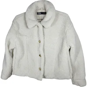 Zara Ivory Faux Shearling Sherpa Button Front Jacket Collared Cream Medium thumbnail 1