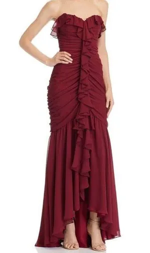 Jill Stuart Burgundy Ruffled Strapless Chiffon Dress Size 6 thumbnail 1