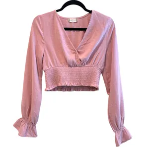 Altar’d State Long Sleeve Flocked V Neck Crop Top‎ Mauve Pink Size Medium thumbnail 1