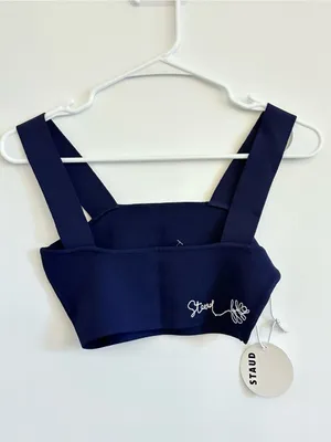 Staud Zola Knit Crop Top Navy Blue & White Embroidered Logo Size Small thumbnail 4
