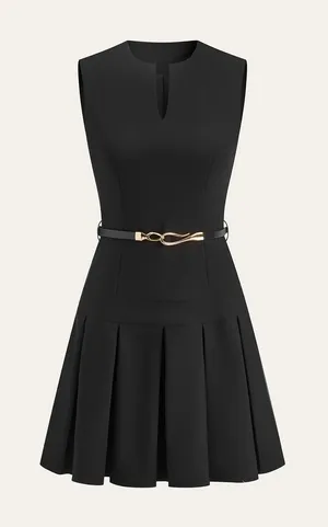 Commence black Sleeveless Keyhole-Neck Belted Pleated Mini Dress small thumbnail 1