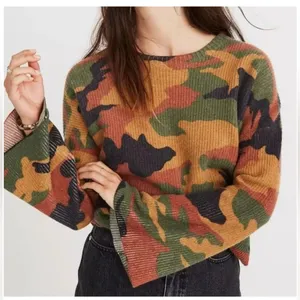 Madewell Merino Wool Bunny Rabbit Camo‎ Print Flare Bell Sleeve Cropped Sweater thumbnail 1