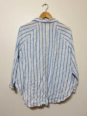 Aerie Pool-To-Party Linen Blend Cover Up Shirt Button Up Blue Stripe Medium thumbnail 7