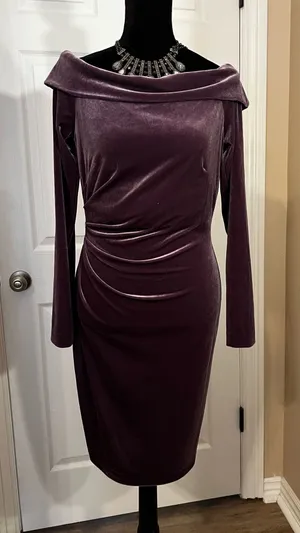 Eliza J Velvet Off-the-Shoulder Fancy Wedding Guest Dress in Plum thumbnail 1