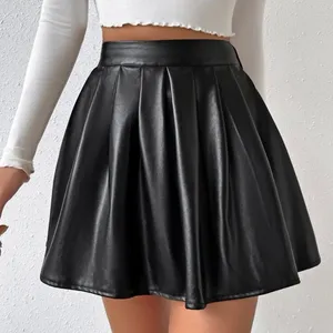 Frenchy High Waist PU Pleated Skirt Pu Leather Latex Mini Skirt High Rise A-line thumbnail 1
