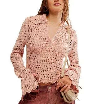 Free People Pointelle Pullover Sweater In Mauve Rose Size L. NEW thumbnail 1