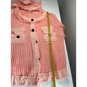 Open Knit Button Down Hooded Shirt Coral Pink‎ Mesh Drawstring Top XL thumbnail 8