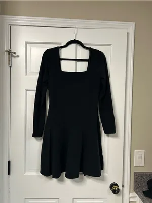 Express Black Long-Sleeve Square Neck Fit-and-Flare Dress thumbnail 2