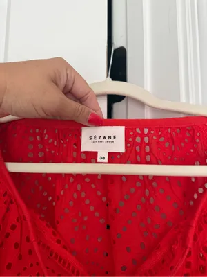Sezane Ambra red eyelet long sleeve tassel v neck top thumbnail 3