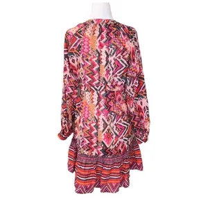 Zara Angie Belted Abstract Print Mini Dress Pink Red Boho‎ Ruffle Drop Waist XS thumbnail 5