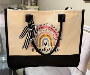 Teacher Life Canvas Rainbow Tote Bag - Cream with Black Trim thumbnail 1