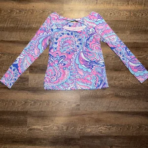 Lilly Pulitzer Pink and Blue Long Sleeve Cut Out Blouse thumbnail 6