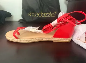 NWT ShoeDazzle Red Azima Rhinestone Espadrille Lace-Up Flat Sandals thumbnail 6