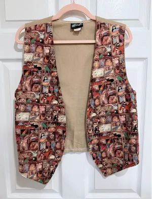 Vintage 90s Hiphanis Zoo Animal Print Vest Cotton Tan Multi Color Small USA Made thumbnail 1