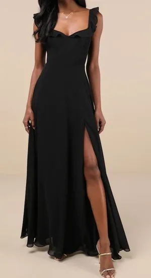 NEW Lulus Dreamy Admiration Black Ruffled Sweetheart Chiffon Maxi Dress Large thumbnail 1