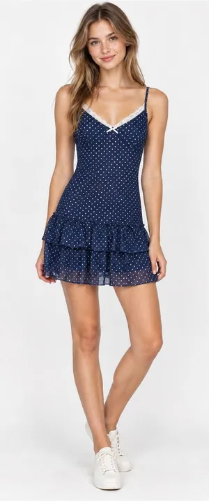 Madden Girl Navy Blue Polka Dot Lace Trim Ruffle Mini Dress Size S thumbnail 1
