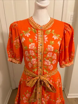 A Loves A Floral Puff-Sleeve Orange Belted Linen Mini Dress New Size Small thumbnail 8