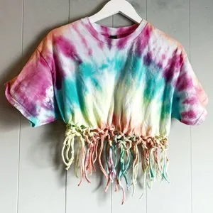 GILDAN DIY Crafted Rainbow Tie Dye Cropped Tshirt L thumbnail 1