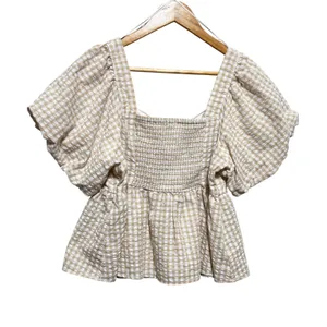 Old Navy Women Cottage Gingham Peplum Top L Tan\ Smocked Milkmaid Puff‎ Sleeve thumbnail 2
