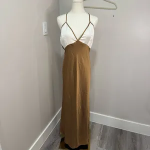 Abercrombie & Fitch‎ Brown Cream Colorblock Satin Maxi Slip Dress MT Tall thumbnail 4